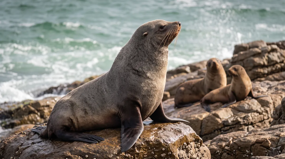 An adult male Cape fur seal sitting upright on a rock with its ear flap and whiskers visible, females resting behind