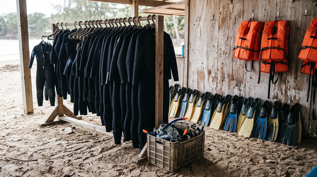 A rack of wetsuits in many sizes with fins, masks and orange life jackets