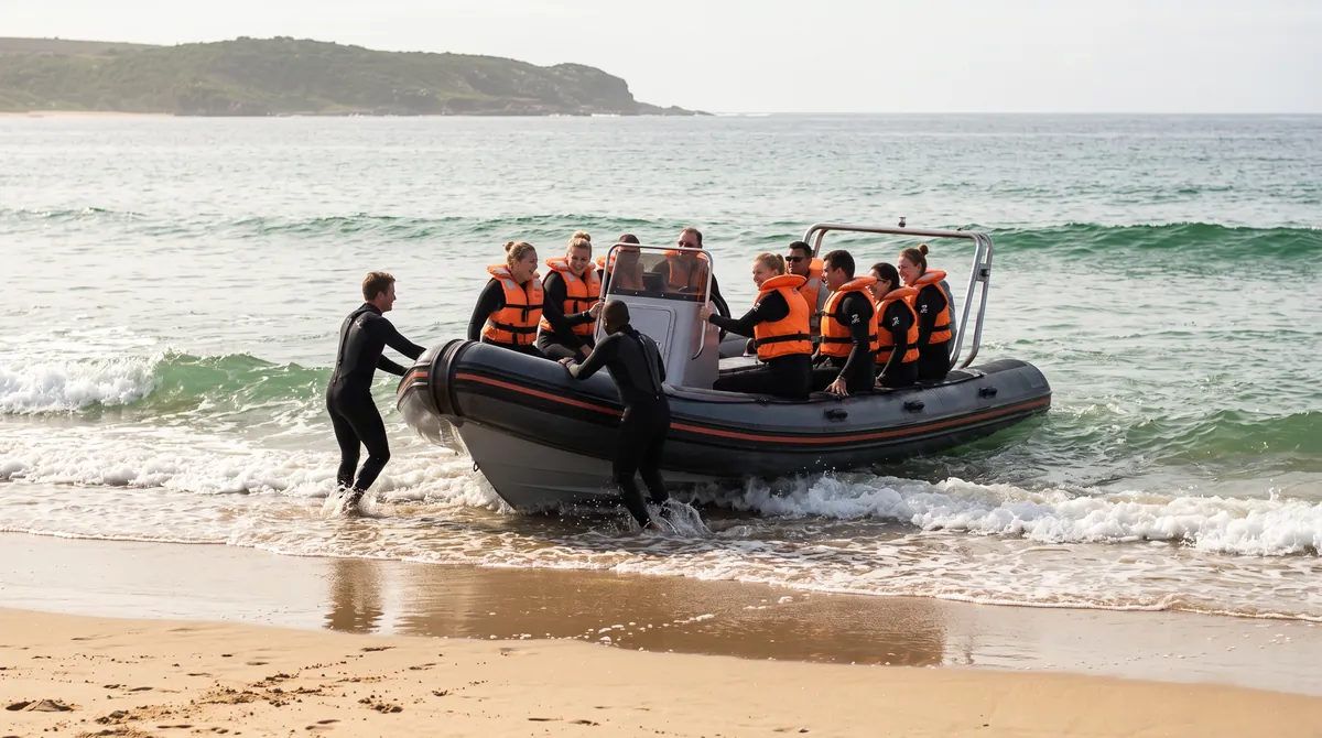The crew pushes the boat off the sand at Central Beach with guests in orange life jackets on board